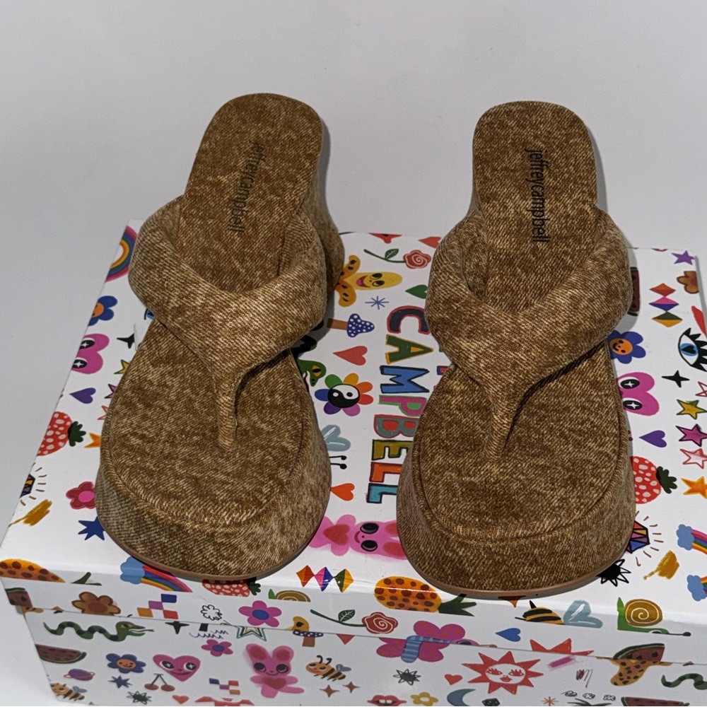 Jeffrey Campbell Drippi Platform Flip Flop Sandal Tan Denim Brown Women’s Size 5 - Picture 3 of 6